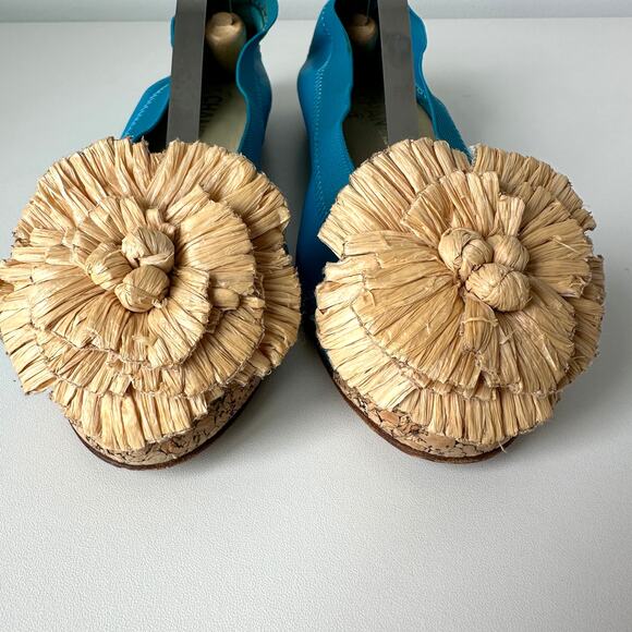 CHANEL Camellia Turquoise Leather Cork Cap Toe CC Logo Ballet Flats IT 37.5 C - Picture 9 of 16